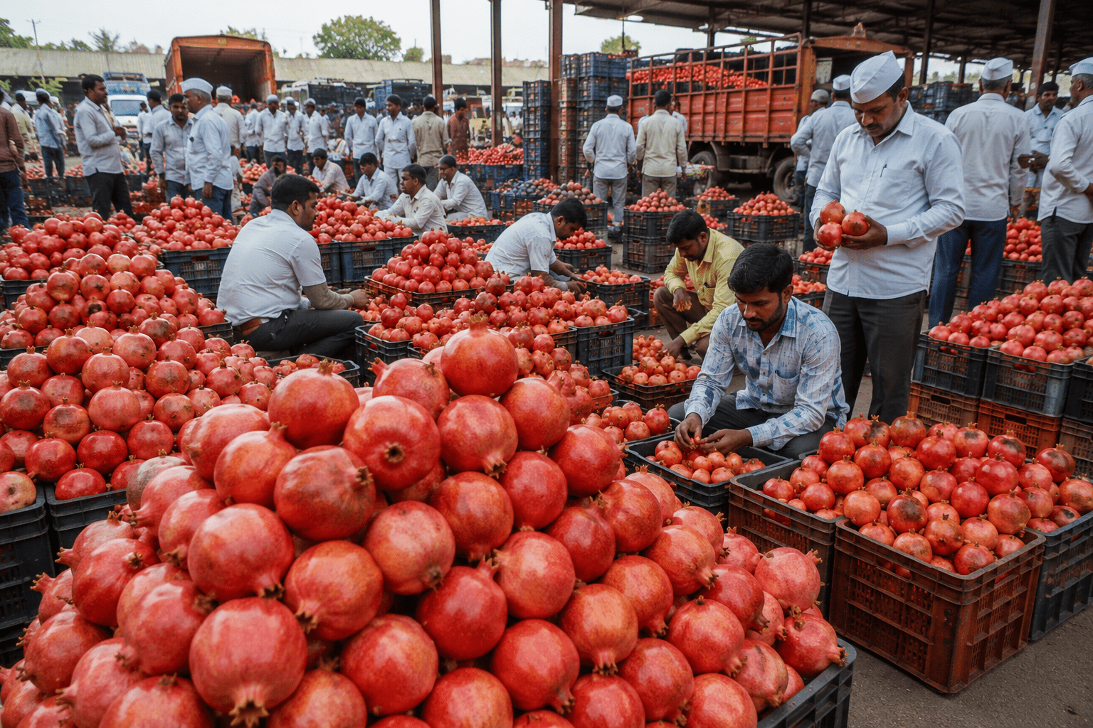 Bumper Harvest & Great Prices! Atpadi Market Records Massive Arrival of 6,780 Crates of Pomegranate; Farmers Get up to ₹171/kg