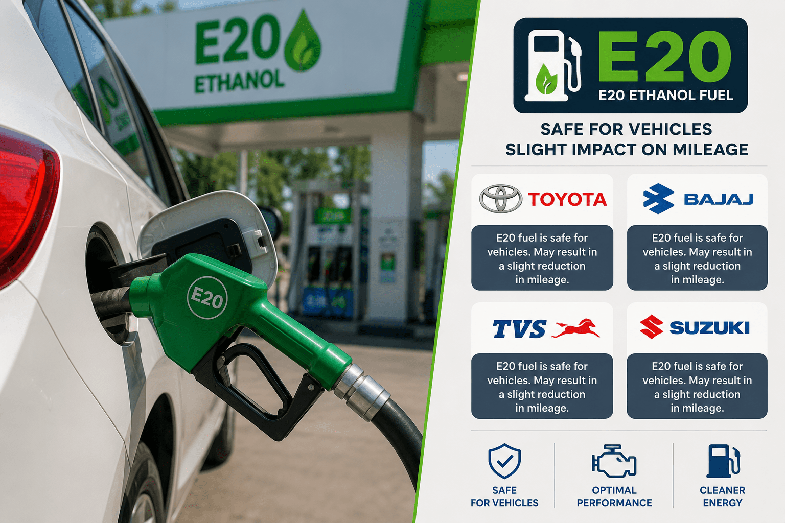 E20 Fuel is Safe for Vehicles, But Expect a Slight Mileage Drop: Toyota, Bajaj, TVS, and Suzuki Issue Official Clarification!