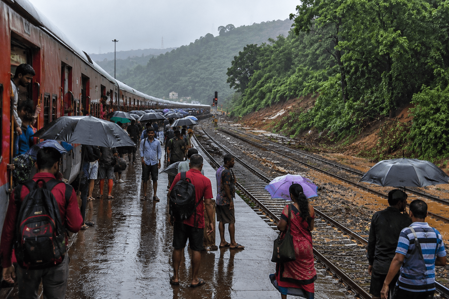 Konkan Railway Crisis: Monsoon Timetable Collapses Amid Torrential Rains; Trains Delayed for Hours, Passengers Left Stranded and Distressed!