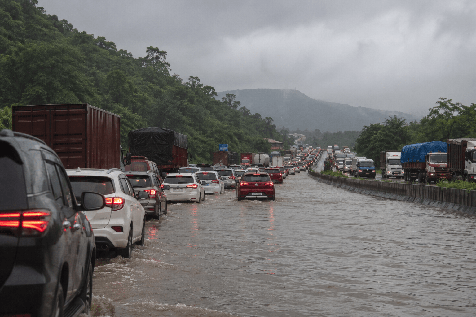 Mumbai-Goa Highway Gridlock: Massive Traffic Jam Between Wakan and Nagothane as Heavy Rains Cause Severe Waterlogging!