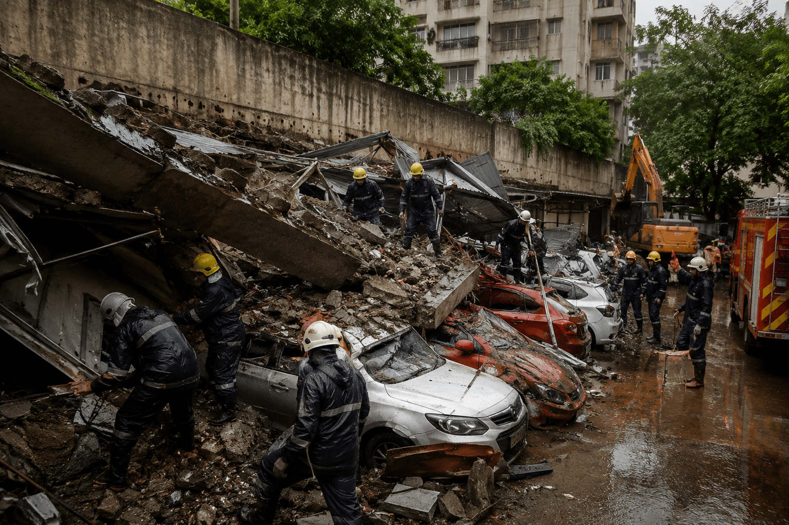 Pune Monsoon Havoc: Boundary Wall Collapses in Jambhulwadi Amid Incessant Rains; Firefighters Swiftly Rescue 14 Vehicles Stuck in Parking Debris!