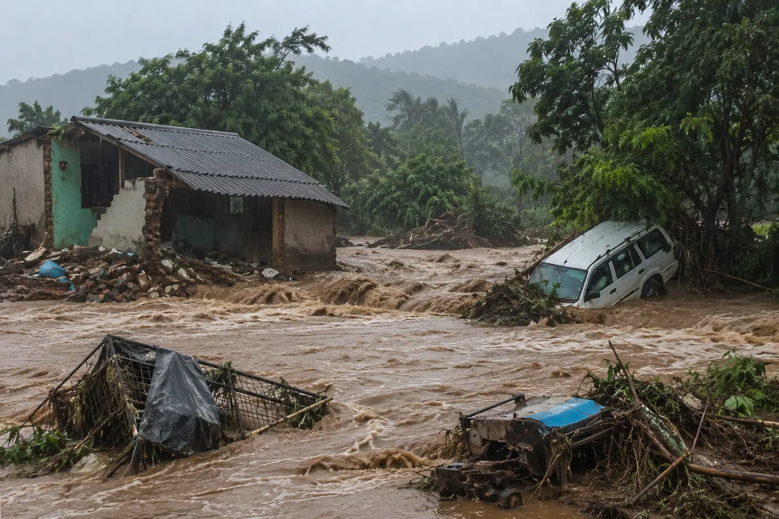 Nature's Fury in Pune: Massive Flood Sweeps Away House, Poultry, and Vehicles in Ambegaon.