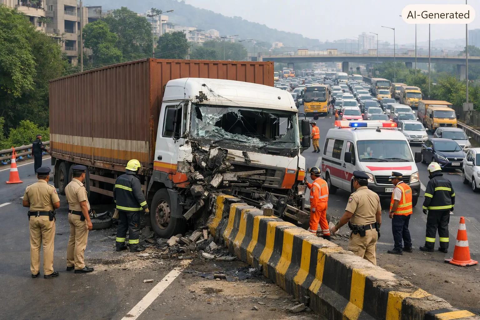 Thane Highway Horror: Truck Hits Road Divider After Driver Loses Control