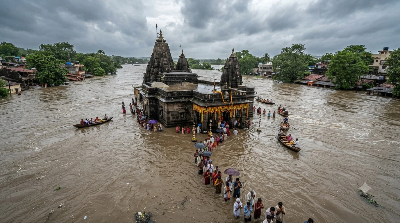 Heavy Rains Cause Krishna River Flood at Narsinhwadi; Devotees Witness Divine 'Dakshin Dwar Sohala' While Taking Holy Dip