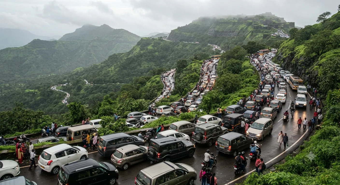 Massive Tourist Rush at Sinhagad Fort: Over 18,000 Visitors Cause 3-Km Traffic Jam on Ghat Road, Leaving Travelers Stranded"