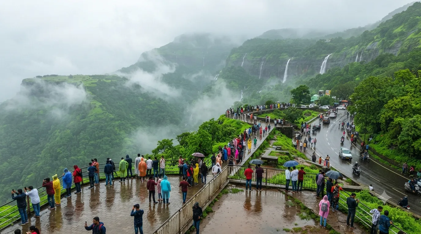 "Panchgani Comes Alive in Monsoon: Tourists Flock to Enjoy Waterfalls, Mist, and Lush Greenery Amid Scenic Beauty"