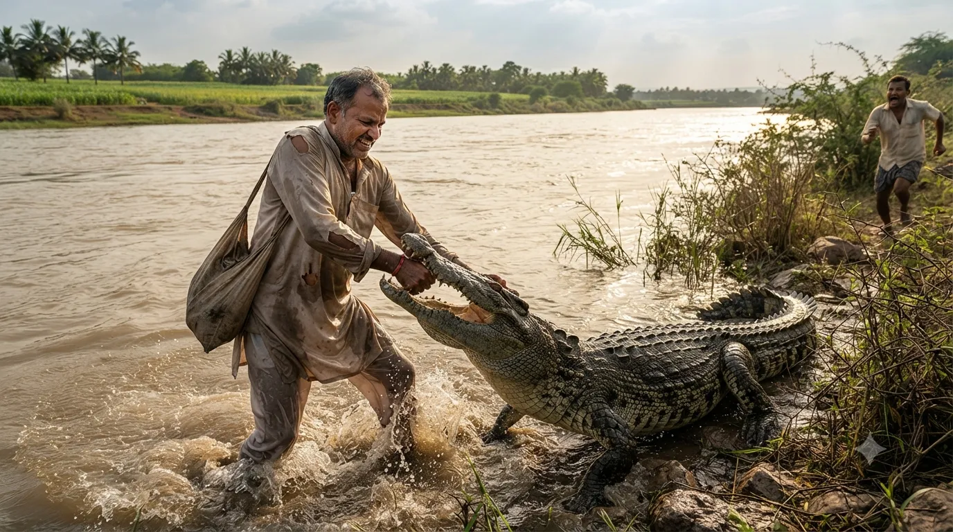 Crocodile Attack in Sangli! Businessman Escapes by Fighting Back in Krishna River