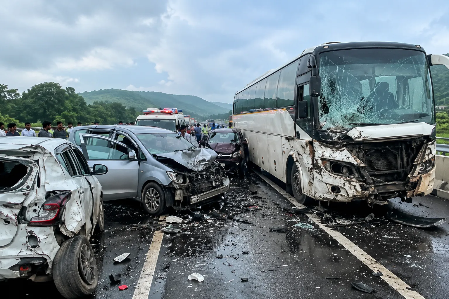 Travel Bus Hits Four Vehicles, 10 Injured