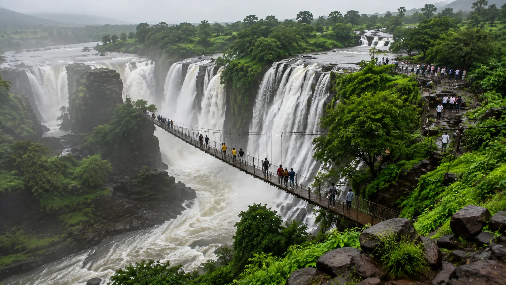 Monsoon Magic at Nighoj Ranjankhalge: Stunning Waterfalls, Hanging Bridge, and Lush Greenery Draw Heavy Tourist Crowds, Prompting Safety Warnings"
