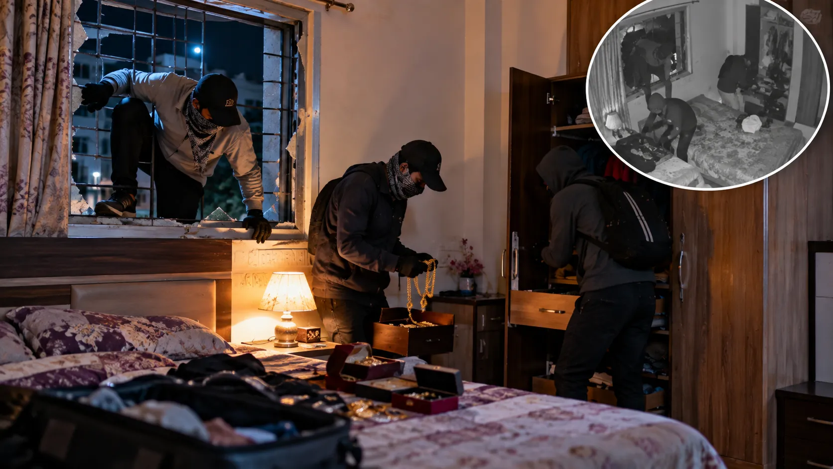 Three Burglars Break Bedroom Window at Dawn in Manchar