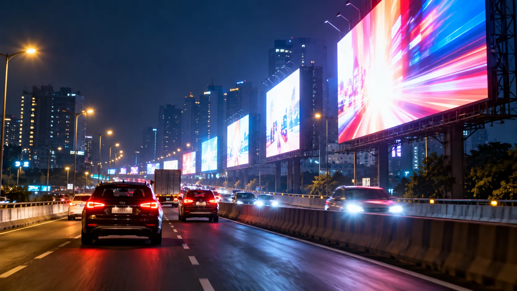 Bright Digital Billboards on Mumbai Eastern Express Highway Spark Night-Time