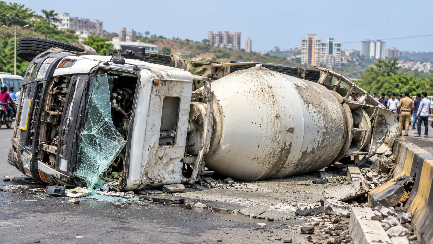 Major Road Hazard on Mhalunge-Nande Road: Karnataka RMC Truck Overturns