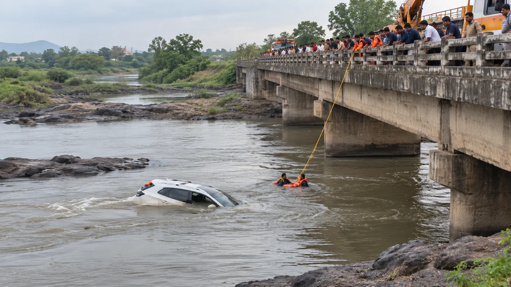 Tragic Car Accident in Nanded: Car Plunges Off Bahadurpura Bridge Into River;